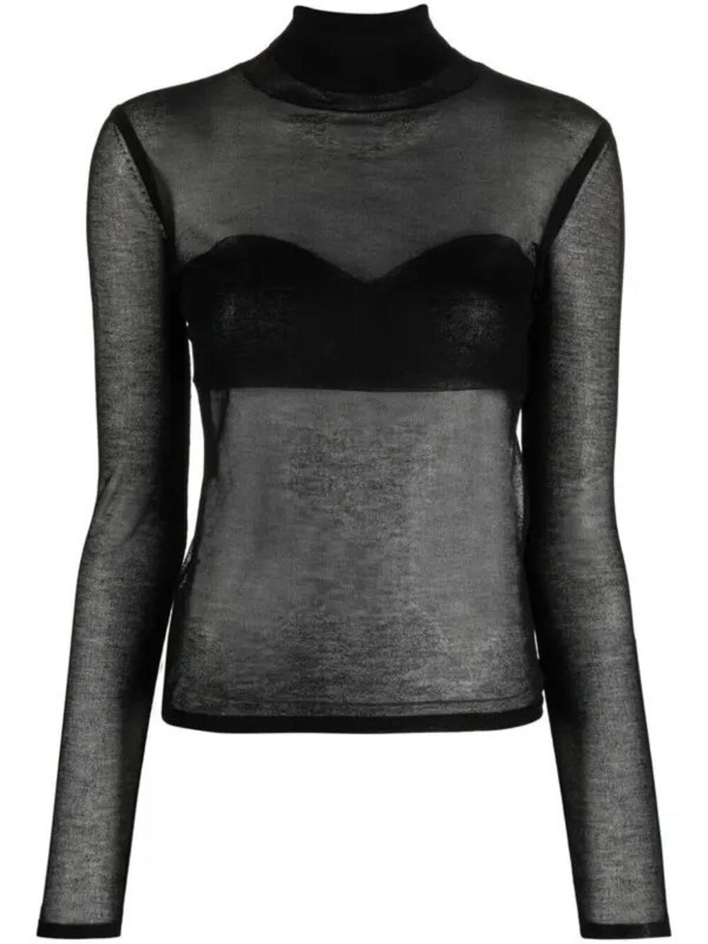 NINA RICCI Semi-Sheer High-Neck Knit Long Sleeve Top Small Black Night Out Sleek